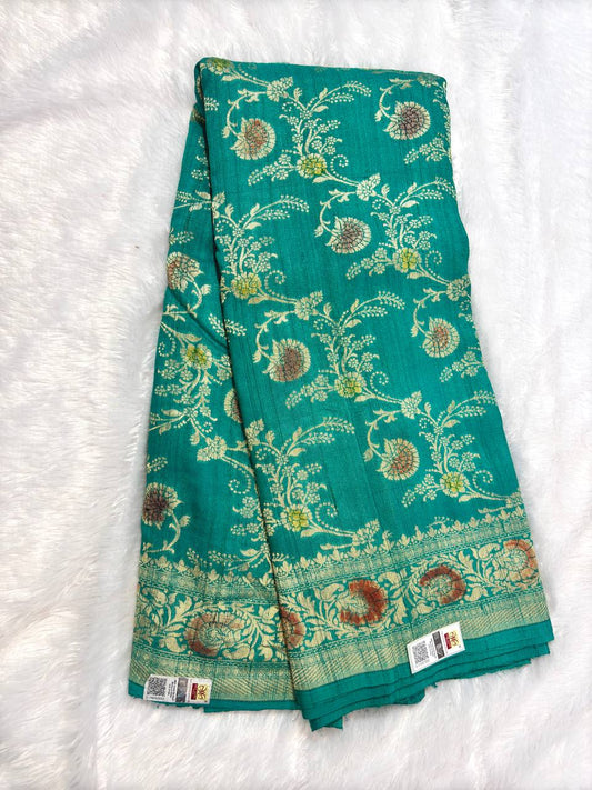 Emerald Turquoise Tussar Georgette Banarasi Saree with Antique Gold Kadhua Floral Jaal