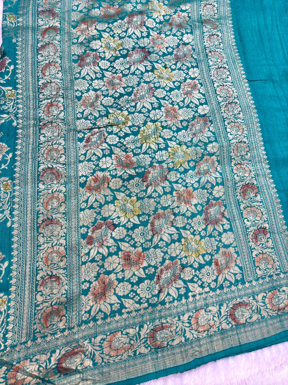 Emerald Turquoise Tussar Georgette Banarasi Saree with Antique Gold Kadhua Floral Jaal