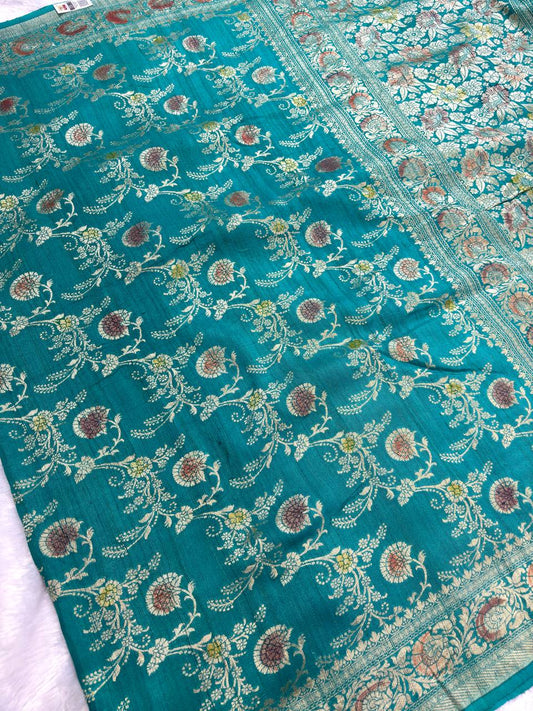 Emerald Turquoise Tussar Georgette Banarasi Saree with Antique Gold Kadhua Floral Jaal