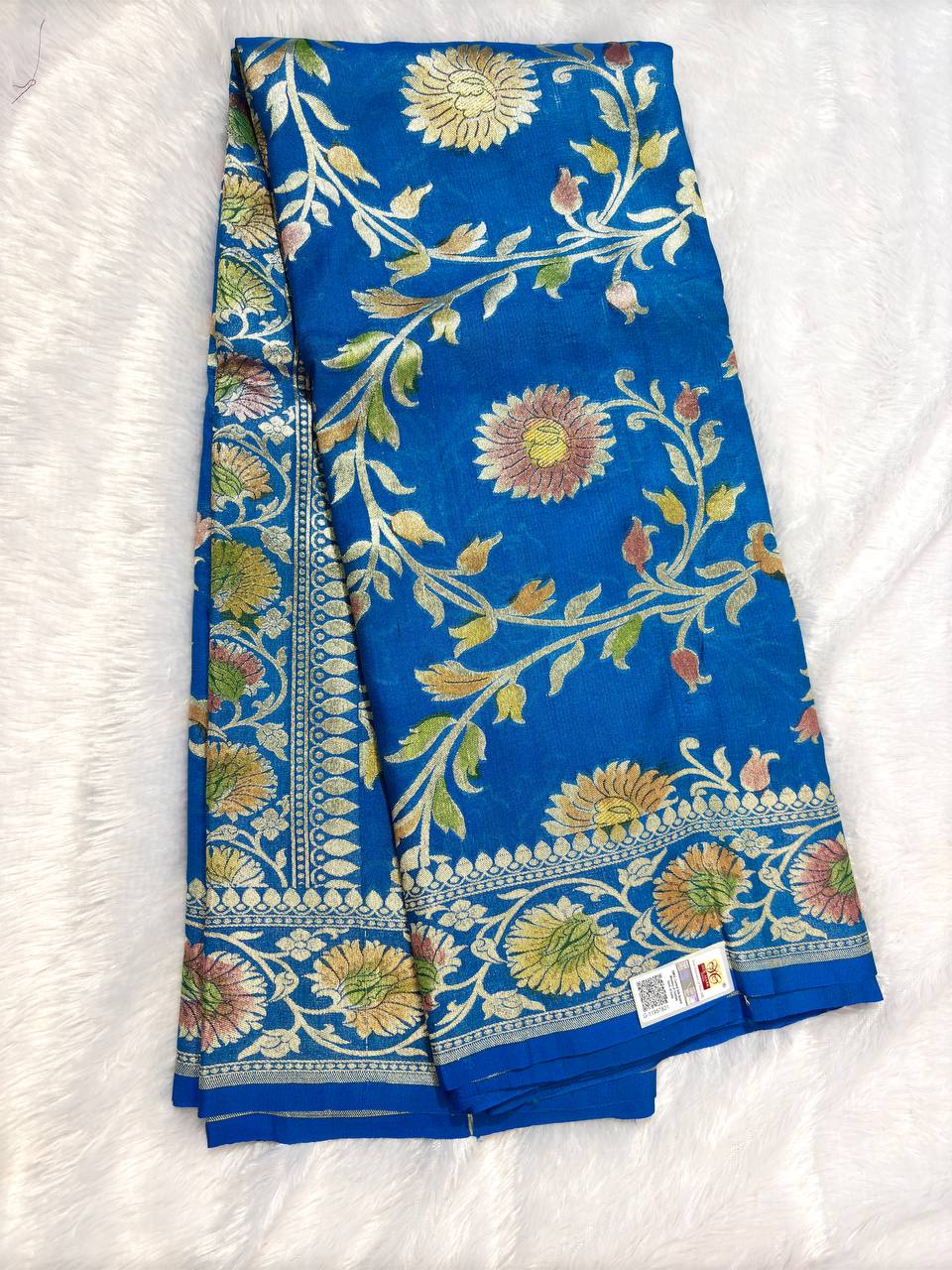 Royal Cerulean Blue Tussar Georgette Banarasi Saree with Sona Rupa Kadhua Jaal