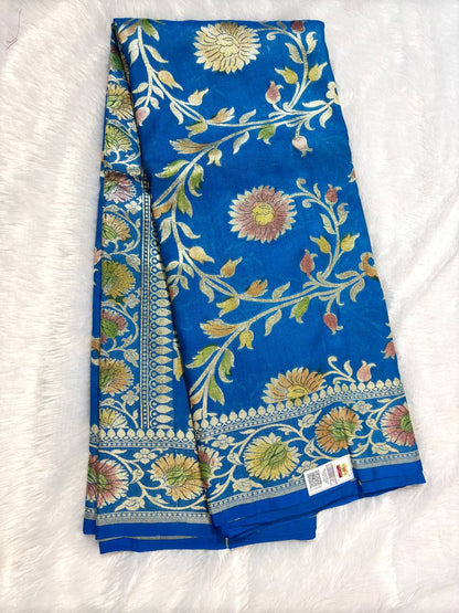 Royal Cerulean Blue Tussar Georgette Banarasi Saree with Sona Rupa Kadhua Jaal