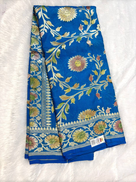 Royal Cerulean Blue Tussar Georgette Banarasi Saree with Sona Rupa Kadhua Jaal