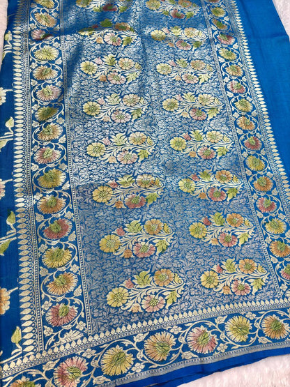Royal Cerulean Blue Tussar Georgette Banarasi Saree with Sona Rupa Kadhua Jaal
