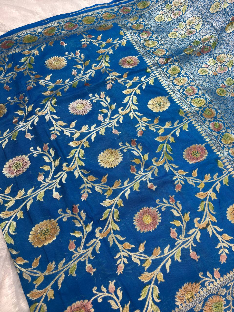 Royal Cerulean Blue Tussar Georgette Banarasi Saree with Sona Rupa Kadhua Jaal