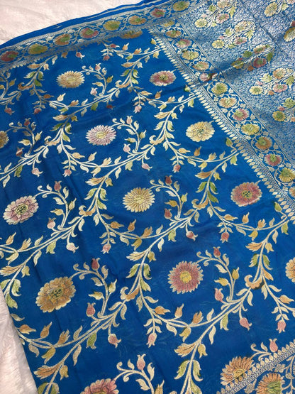 Royal Cerulean Blue Tussar Georgette Banarasi Saree with Sona Rupa Kadhua Jaal