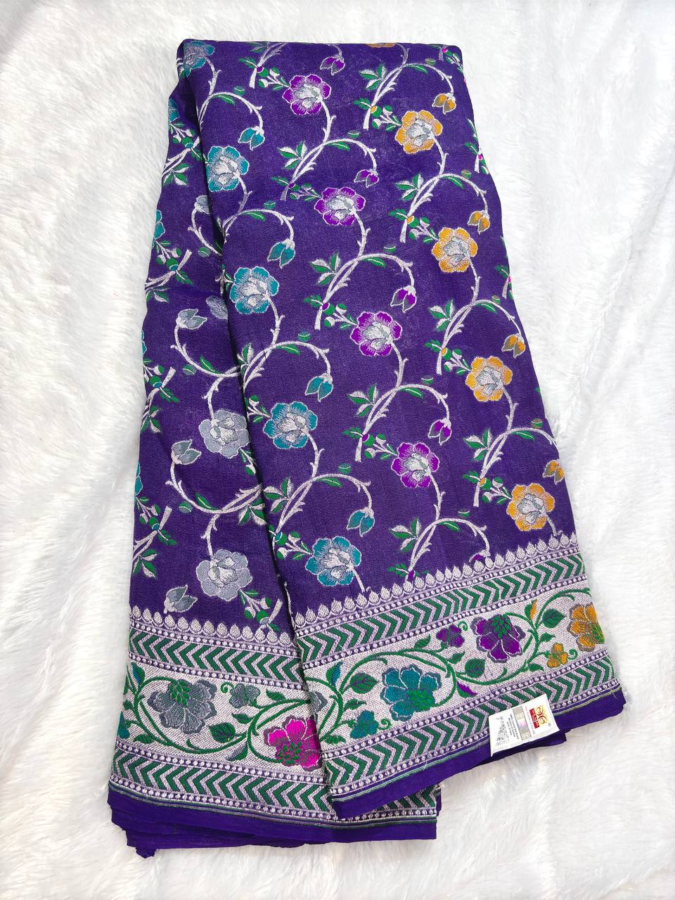 Royal Jamuni Purple Tussar Georgette Banarasi Saree with Silver Kadhua Meenakari Jaal
