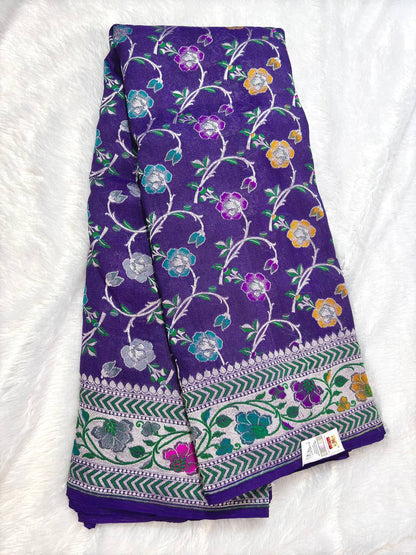 Royal Jamuni Purple Tussar Georgette Banarasi Saree with Silver Kadhua Meenakari Jaal
