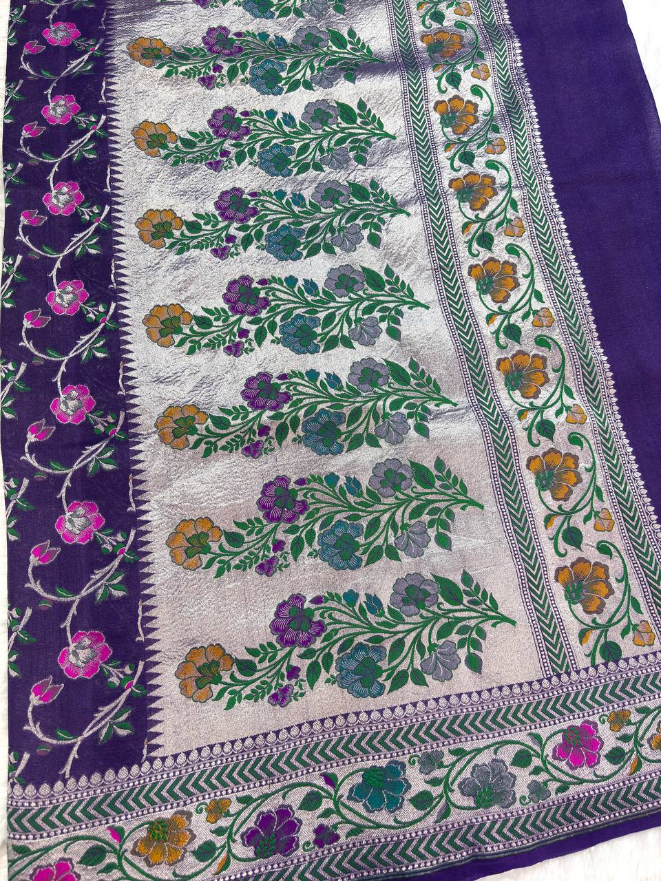 Royal Jamuni Purple Tussar Georgette Banarasi Saree with Silver Kadhua Meenakari Jaal