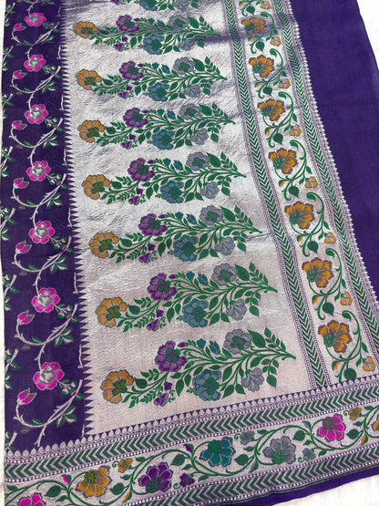 Royal Jamuni Purple Tussar Georgette Banarasi Saree with Silver Kadhua Meenakari Jaal