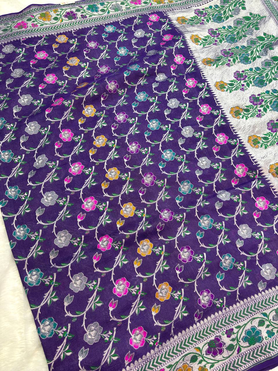 Royal Jamuni Purple Tussar Georgette Banarasi Saree with Silver Kadhua Meenakari Jaal