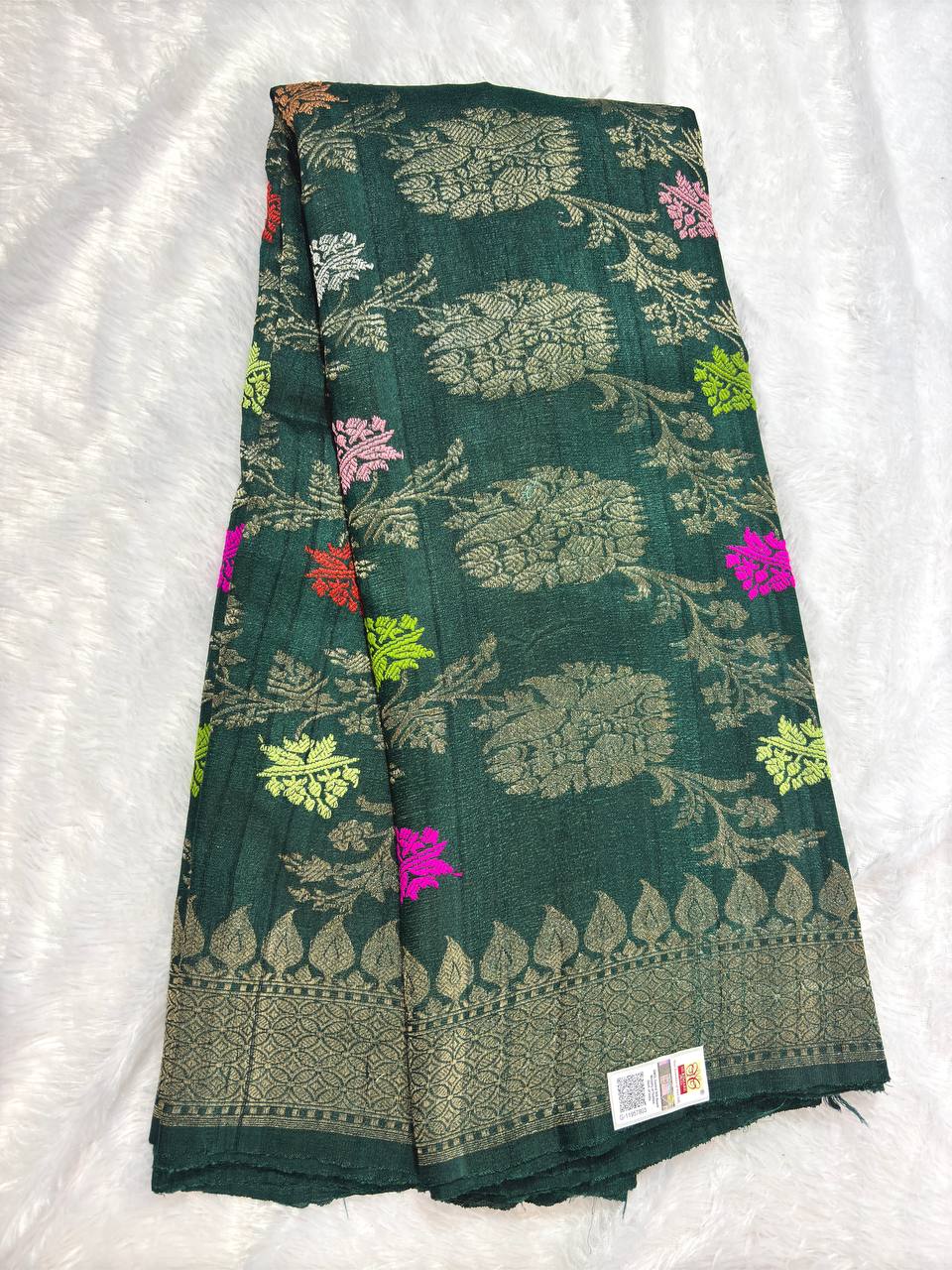 Deep Bottle Green Tussar Georgette Banarasi Saree with Antique Gold Kadhua Bail Jaal