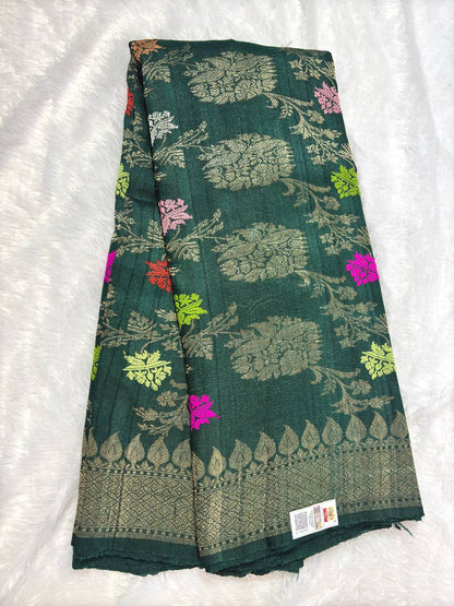 Deep Bottle Green Tussar Georgette Banarasi Saree with Antique Gold Kadhua Bail Jaal