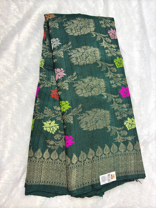 Deep Bottle Green Tussar Georgette Banarasi Saree with Antique Gold Kadhua Bail Jaal