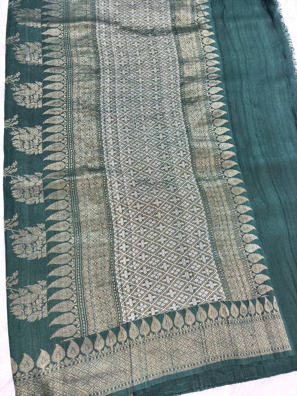 Deep Bottle Green Tussar Georgette Banarasi Saree with Antique Gold Kadhua Bail Jaal