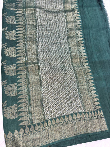 Deep Bottle Green Tussar Georgette Banarasi Saree with Antique Gold Kadhua Bail Jaal