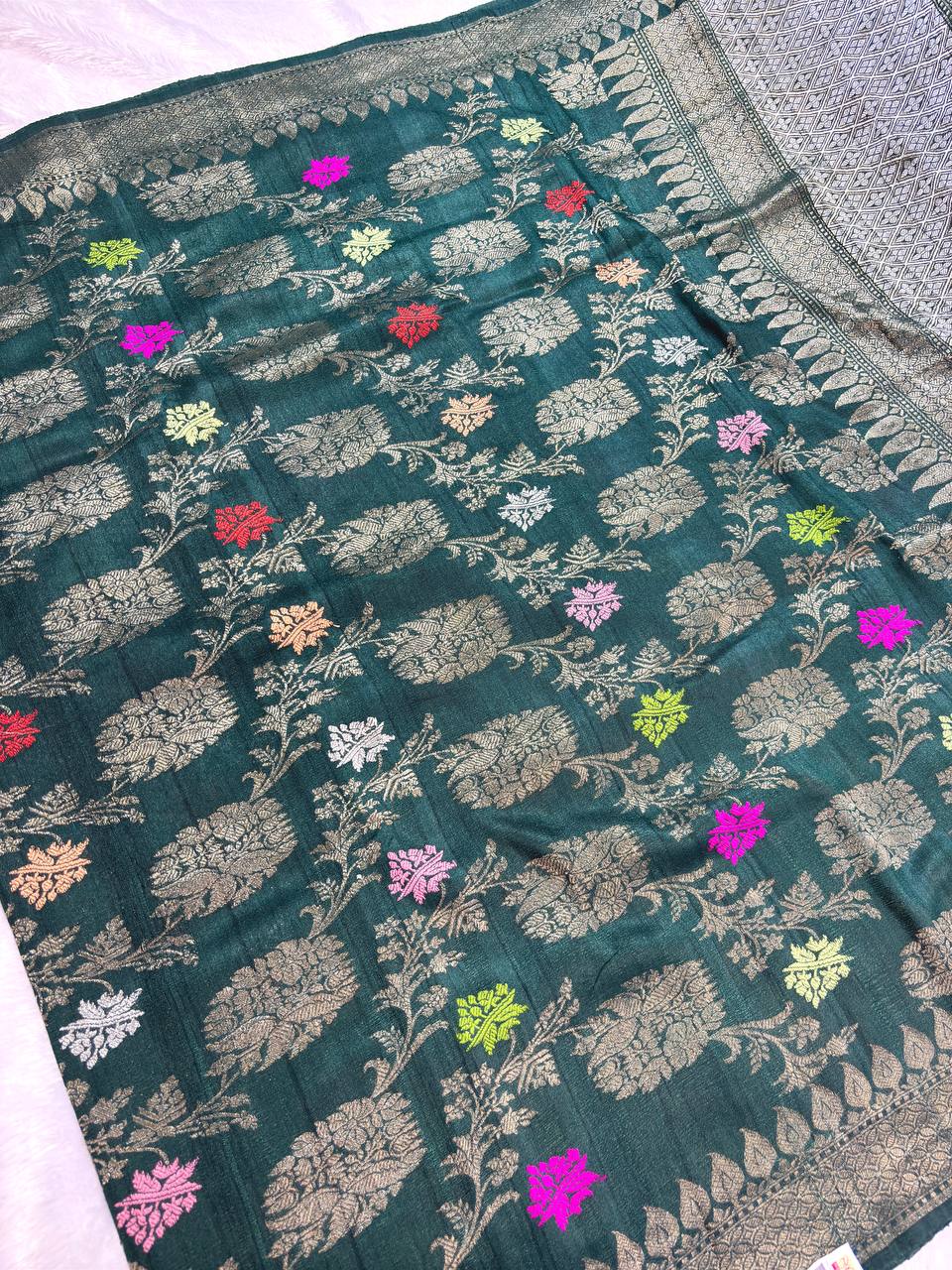 Deep Bottle Green Tussar Georgette Banarasi Saree with Antique Gold Kadhua Bail Jaal
