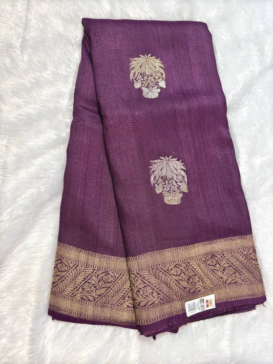 Grape Wine Tussar Georgette Banarasi Saree with Sona Rupa Kadhua Buta