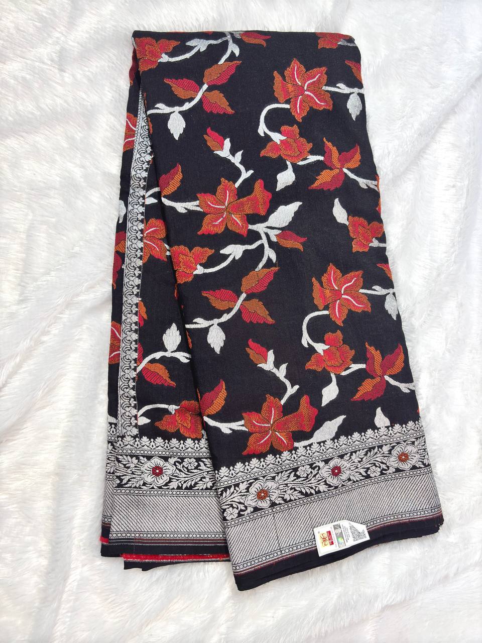 Jet Black Tussar Georgette Banarasi Saree with Silver Kadhua and Rust Meenakari Jaal