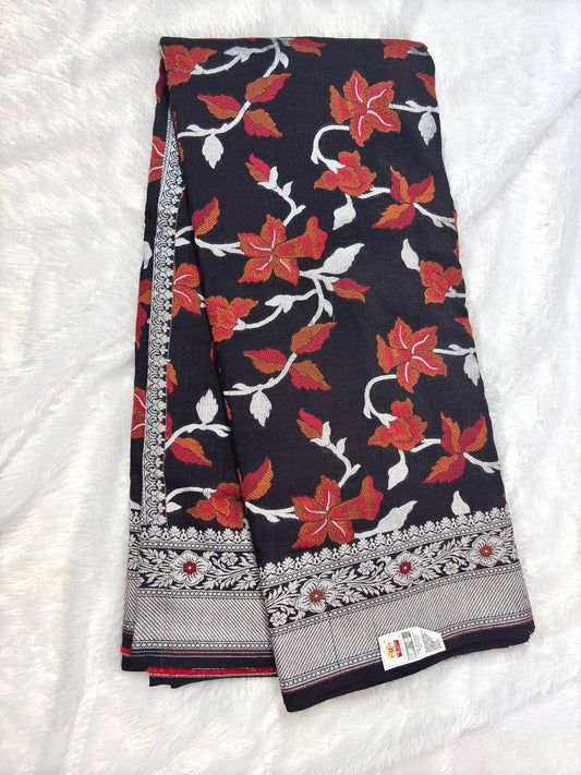 Jet Black Tussar Georgette Banarasi Saree with Silver Kadhua and Rust Meenakari Jaal