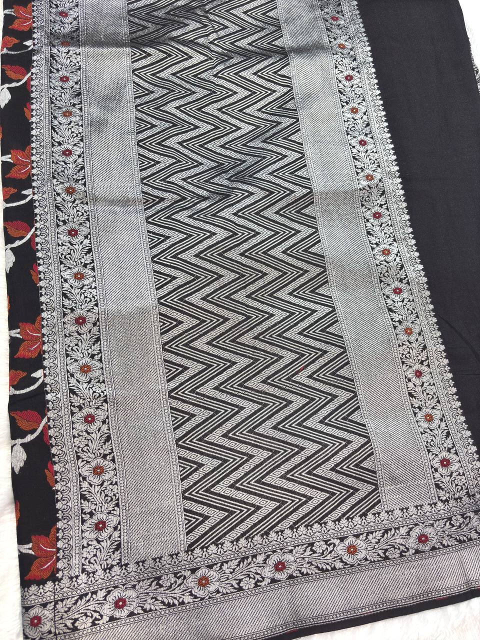 Jet Black Tussar Georgette Banarasi Saree with Silver Kadhua and Rust Meenakari Jaal