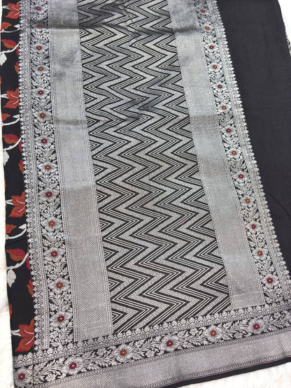 Jet Black Tussar Georgette Banarasi Saree with Silver Kadhua and Rust Meenakari Jaal