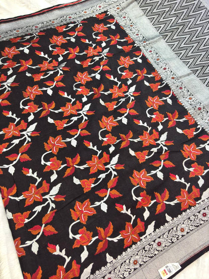 Jet Black Tussar Georgette Banarasi Saree with Silver Kadhua and Rust Meenakari Jaal