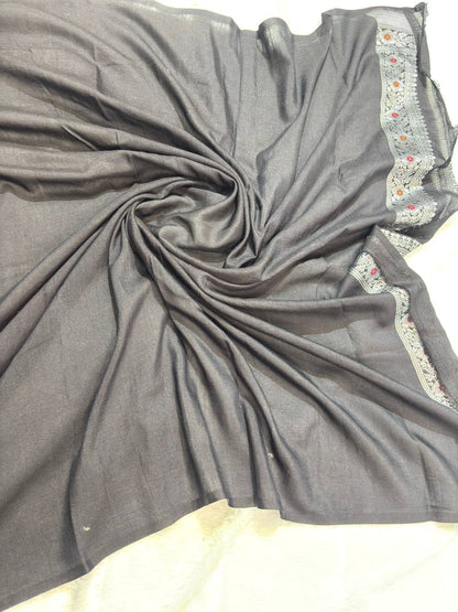 Jet Black Tussar Georgette Banarasi Saree with Silver Kadhua and Rust Meenakari Jaal