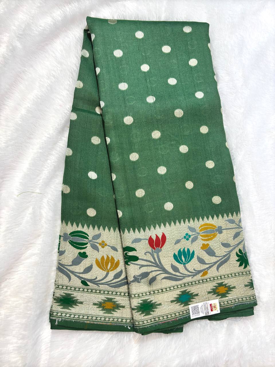 Olive Mehendi Green Tussar Georgette Banarasi Saree with Silver Kadhua Bootti and Paithani-Style Meenakari Pallu
