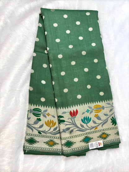 Olive Mehendi Green Tussar Georgette Banarasi Saree with Silver Kadhua Bootti and Paithani-Style Meenakari Pallu