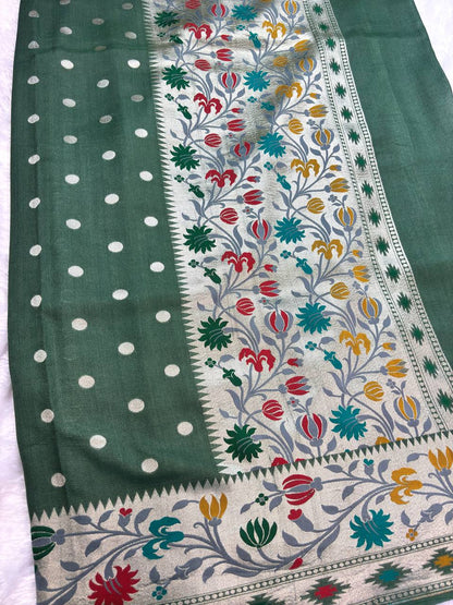 Olive Mehendi Green Tussar Georgette Banarasi Saree with Silver Kadhua Bootti and Paithani-Style Meenakari Pallu