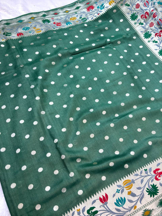 Olive Mehendi Green Tussar Georgette Banarasi Saree with Silver Kadhua Bootti and Paithani-Style Meenakari Pallu
