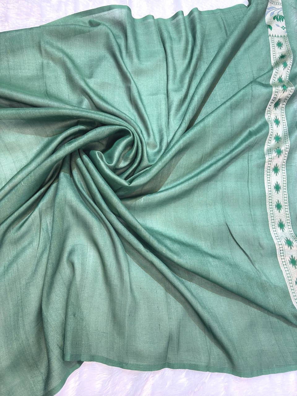Olive Mehendi Green Tussar Georgette Banarasi Saree with Silver Kadhua Bootti and Paithani-Style Meenakari Pallu