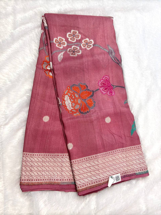 Muted Rose Pink Tussar Georgette Banarasi Saree with Silver Kadhua Floral Clusters and Shikargah Butas