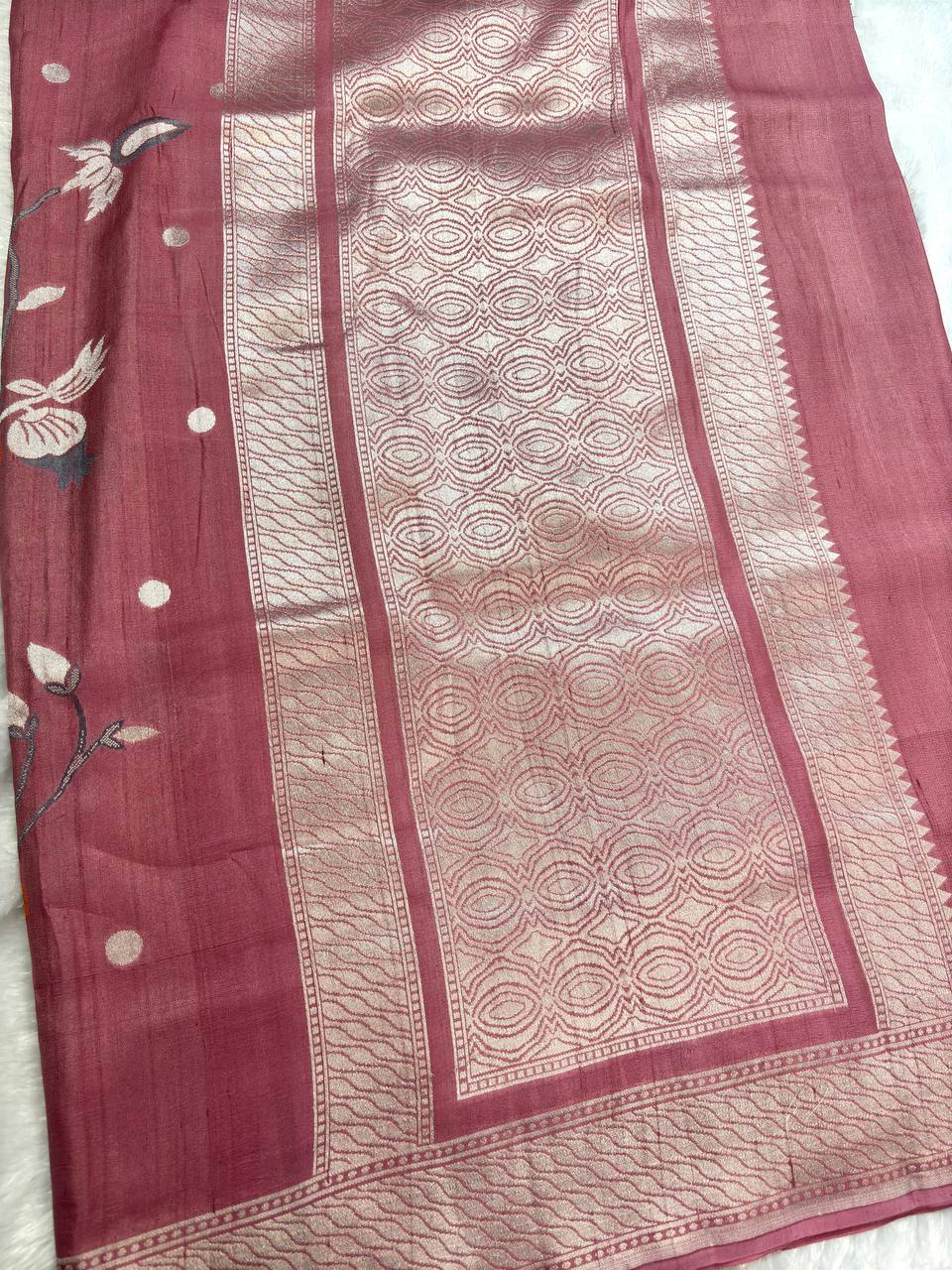Muted Rose Pink Tussar Georgette Banarasi Saree with Silver Kadhua Floral Clusters and Shikargah Butas