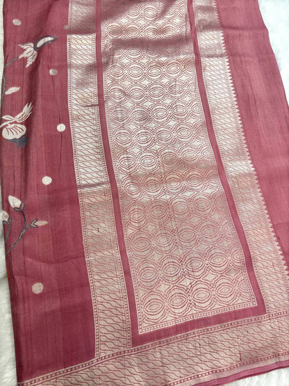 Muted Rose Pink Tussar Georgette Banarasi Saree with Silver Kadhua Floral Clusters and Shikargah Butas