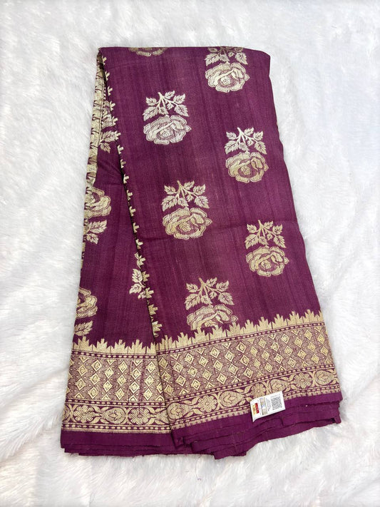 Plum Magenta Tussar Georgette Banarasi Saree with Antique Gold Kadhua Gulab Bootta