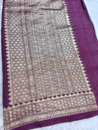 Plum Magenta Tussar Georgette Banarasi Saree with Antique Gold Kadhua Gulab Bootta