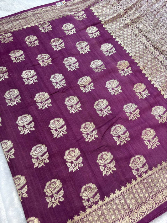 Plum Magenta Tussar Georgette Banarasi Saree with Antique Gold Kadhua Gulab Bootta