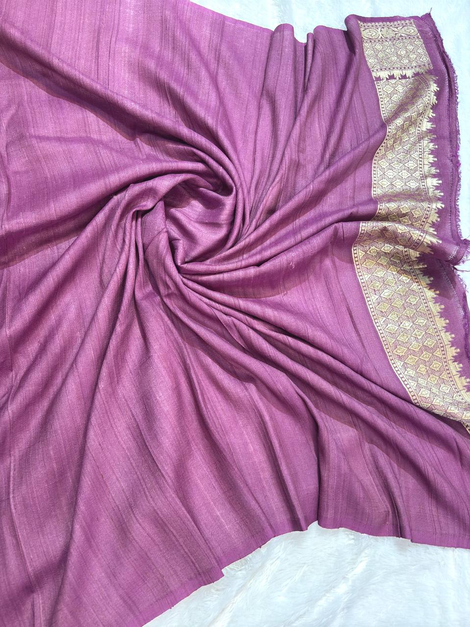 Plum Magenta Tussar Georgette Banarasi Saree with Antique Gold Kadhua Gulab Bootta