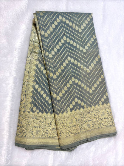 Grey Cotton Chanderi Silk Saree with Banarasi Zari Leheriya & Ornate Pallu