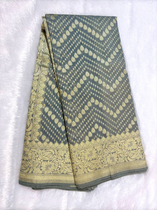 Grey Cotton Chanderi Silk Saree with Banarasi Zari Leheriya & Ornate Pallu