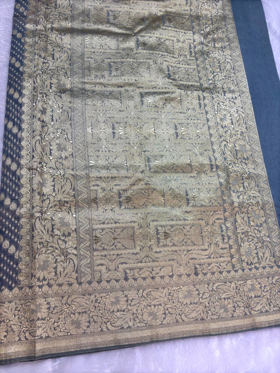 Grey Cotton Chanderi Silk Saree with Banarasi Zari Leheriya & Ornate Pallu