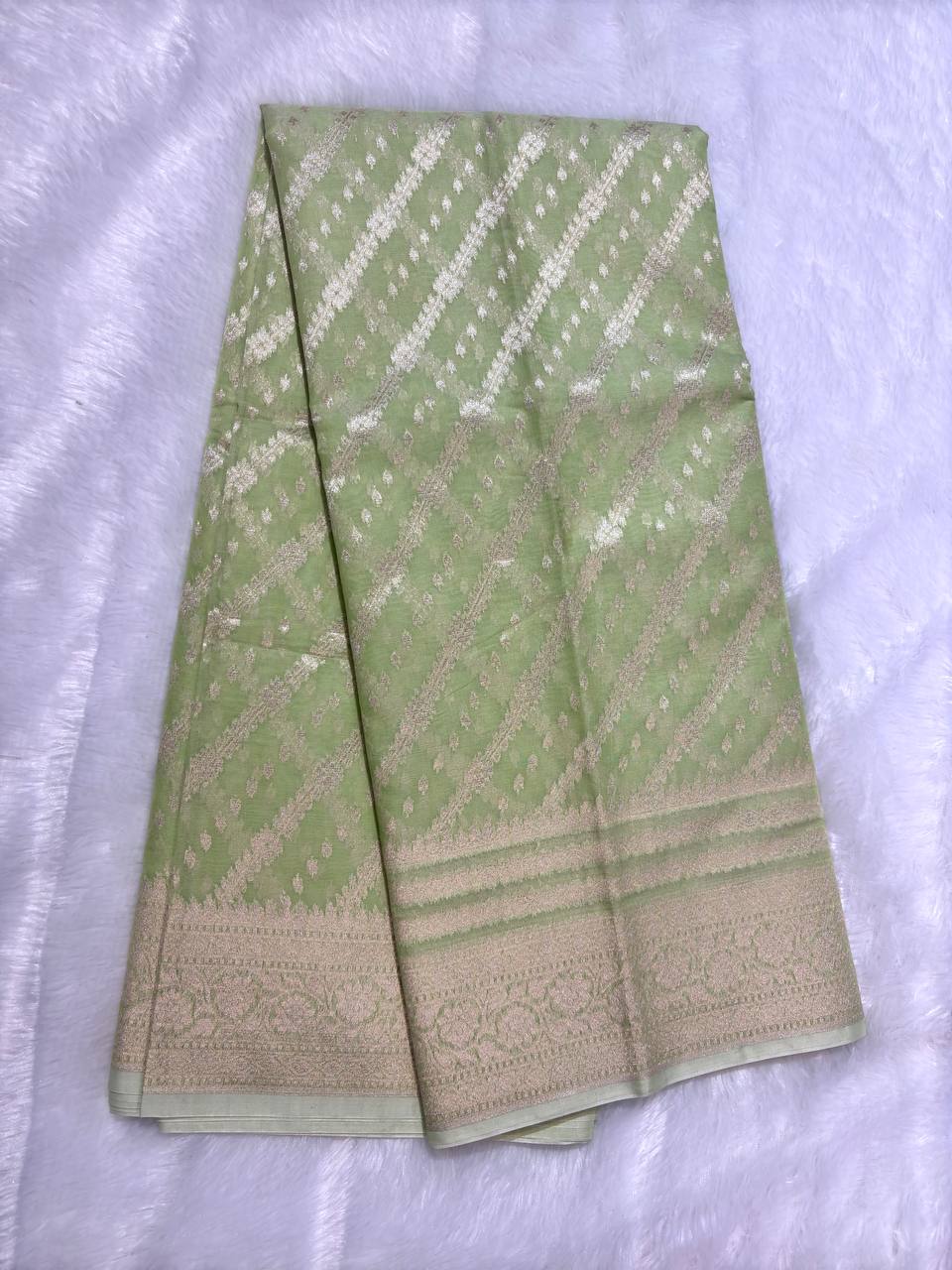 Mint Green Cotton Chanderi Silk Saree with Banarasi Zari Diagonal Stripes & All-Over Jaal Pallu