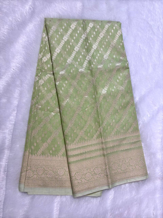 Mint Green Cotton Chanderi Silk Saree with Banarasi Zari Diagonal Stripes & All-Over Jaal Pallu