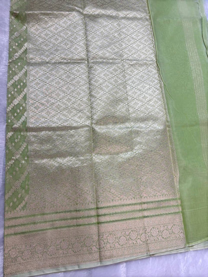 Mint Green Cotton Chanderi Silk Saree with Banarasi Zari Diagonal Stripes & All-Over Jaal Pallu