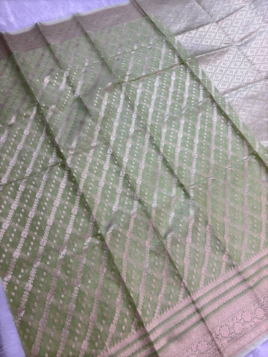 Mint Green Cotton Chanderi Silk Saree with Banarasi Zari Diagonal Stripes & All-Over Jaal Pallu