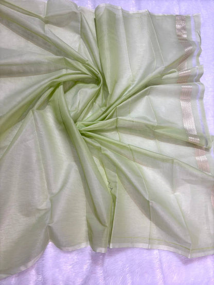 Mint Green Cotton Chanderi Silk Saree with Banarasi Zari Diagonal Stripes & All-Over Jaal Pallu