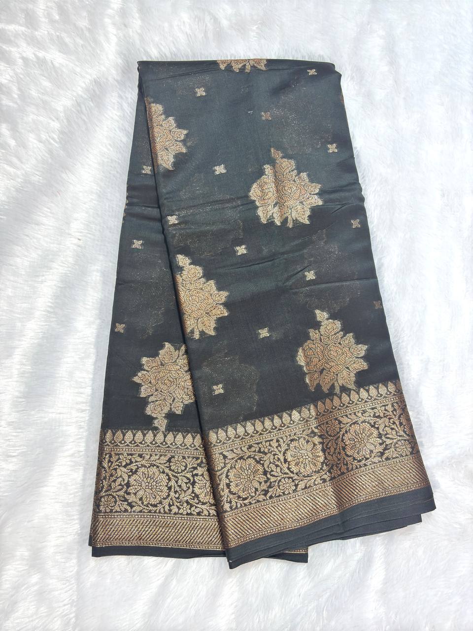 Jet Black Cotton Chanderi Silk Saree with Banarasi Antique Zari Floral Butas & Ornate Pallu