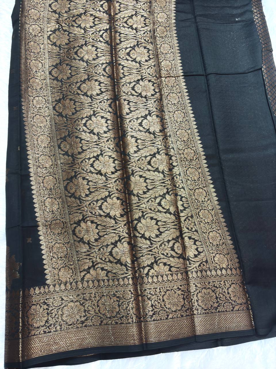 Jet Black Cotton Chanderi Silk Saree with Banarasi Antique Zari Floral Butas & Ornate Pallu