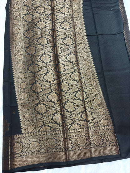Jet Black Cotton Chanderi Silk Saree with Banarasi Antique Zari Floral Butas & Ornate Pallu